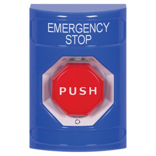 SS2409ES-EN STI Blue No Cover Turn-to-Reset (Illuminated) Stopper Station with EMERGENCY STOP Label English