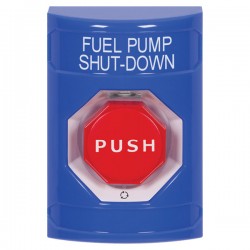 SS2409PS-EN STI Blue No Cover Turn-to-Reset (Illuminated) Stopper Station with FUEL PUMP SHUT DOWN Label English