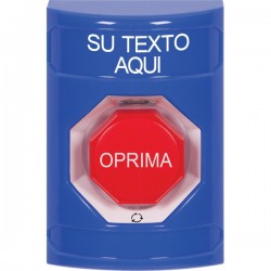 SS2409ZA-ES STI Blue No Cover Turn-to-Reset (Illuminated) Stopper Station with Non-Returnable Custom Text Label Spanish