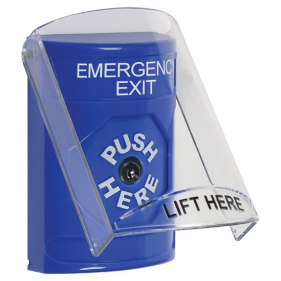 SS2420EX-EN STI Blue Indoor Only Flush or Surface Key-to-Reset Stopper Station with EMERGENCY EXIT Label English