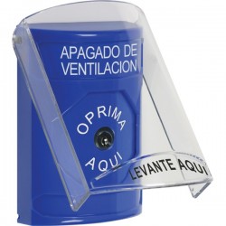 SS2420HV-ES STI Blue Indoor Only Flush or Surface Key-to-Reset Stopper Station with HVAC SHUT DOWN Label Spanish