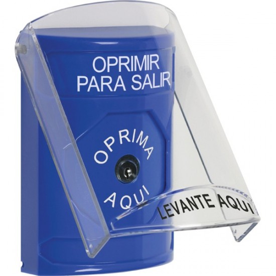 SS2420PX-ES STI Blue Indoor Only Flush or Surface Key-to-Reset Stopper Station with PUSH TO EXIT Label Spanish