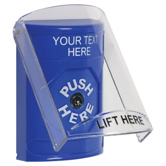 SS2420ZA-EN STI Blue Indoor Only Flush or Surface Key-to-Reset Stopper Station with Non-Returnable Custom Text Label English