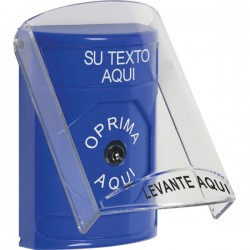 SS2420ZA-ES STI Blue Indoor Only Flush or Surface Key-to-Reset Stopper Station with Non-Returnable Custom Text Label Spanish