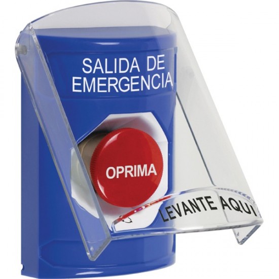 SS2421EX-ES STI Blue Indoor Only Flush or Surface Turn-to-Reset Stopper Station with EMERGENCY EXIT Label Spanish