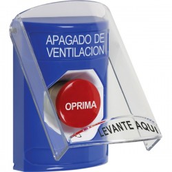 SS2421HV-ES STI Blue Indoor Only Flush or Surface Turn-to-Reset Stopper Station with HVAC SHUT DOWN Label Spanish
