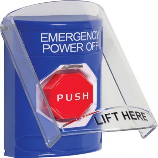 SS2422PO-EN STI Blue Indoor Flush/Surface Key-to-Reset Stopper Station w/ EMERGENCY POWER OFF Label