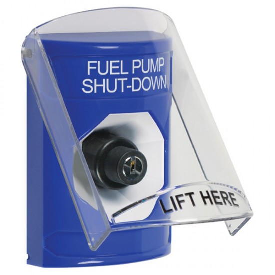 SS2423PS-EN STI Blue Indoor Only Flush or Surface Key-to-Activate Stopper Station with FUEL PUMP SHUT DOWN Label English