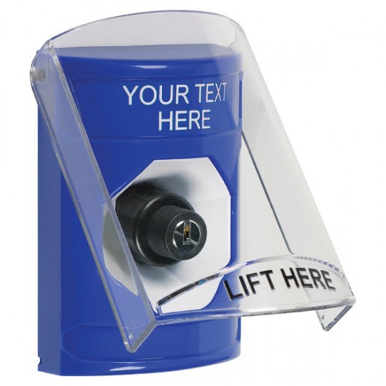 SS2423ZA-EN STI Blue Indoor Only Flush or Surface Key-to-Activate Stopper Station with Non-Returnable Custom Text Label English