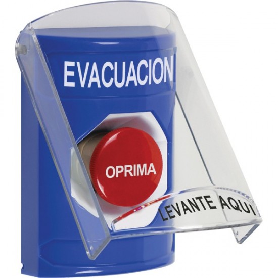SS2424EV-ES STI Blue Indoor Only Flush or Surface Momentary Stopper Station with EVACUATION Label Spanish