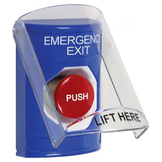 SS2424EX-EN STI Blue Indoor Only Flush or Surface Momentary Stopper Station with EMERGENCY EXIT Label English