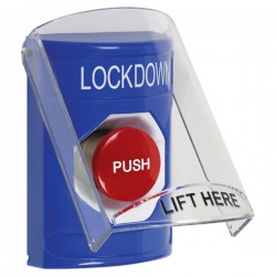 SS2424LD-EN STI Blue Indoor Only Flush or Surface Momentary Stopper Station with LOCKDOWN Label English