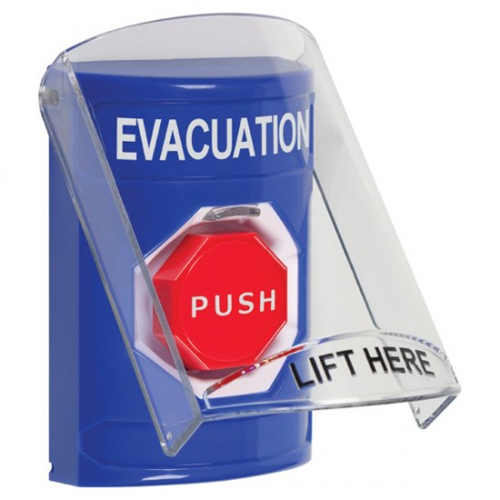 SS2425EV-EN STI Blue Indoor Only Flush or Surface Momentary (Illuminated) Stopper Station with EVACUATION Label English