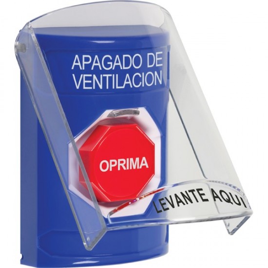 SS2425HV-ES STI Blue Indoor Only Flush or Surface Momentary (Illuminated) Stopper Station with HVAC SHUT DOWN Label Spanish