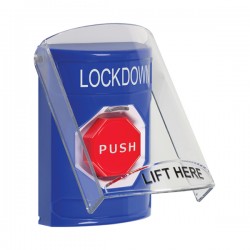 SS2425LD-EN STI Blue Indoor Only Flush or Surface Momentary (Illuminated) Stopper Station with LOCKDOWN Label English