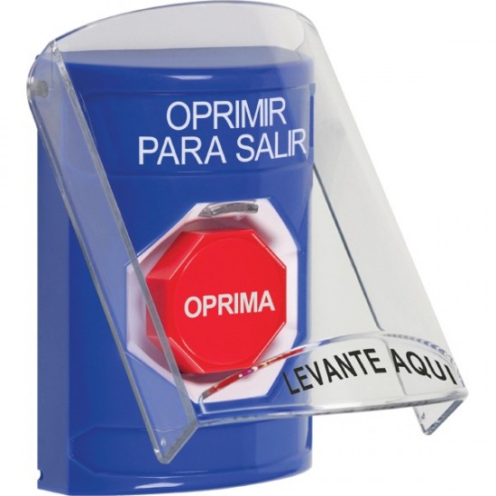 SS2425PX-ES STI Blue Indoor Only Flush or Surface Momentary (Illuminated) Stopper Station with PUSH TO EXIT Label Spanish