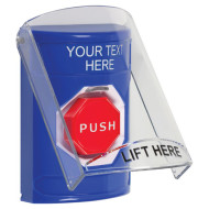 SS2425ZA-EN STI Blue Indoor Flush/Surface Momentary Stopper Station w/ Custom Text Label