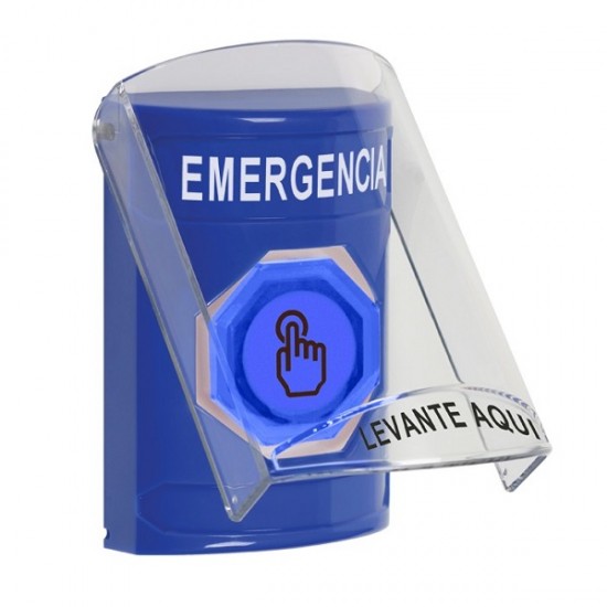SS2426EM-ES STI Blue Indoor Flush/Surface Momentary (Illuminated) Stopper Station w/ EMERGENCY Spanish