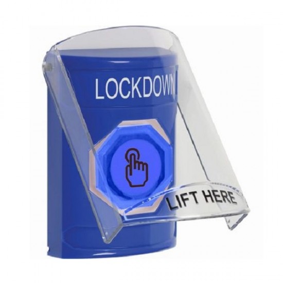 SS2426LD-EN STI Blue Indoor Flush/Surface Momentary (Illuminated) Stopper Station w/ LOCKDOWN Label