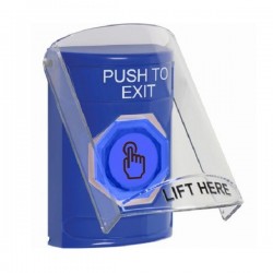 SS2426PX-EN STI Blue Indoor Flush/Surface Momentary (Illuminated) Stopper Station w/ PUSH TO EXIT Label