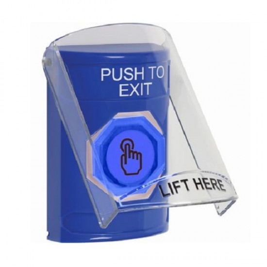 SS2426PX-EN STI Blue Indoor Flush/Surface Momentary (Illuminated) Stopper Station w/ PUSH TO EXIT Label