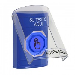 SS2426ZA-ES STI Blue Indoor Flush/Surface Momentary (Illuminated) Stopper Station w/ Custom Text Spanish