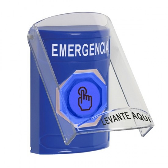 SS2427EM-ES STI Blue Indoor Flush/Surface Weather Resistant Momentary Stopper Station w/ EMERGENCY Spanish