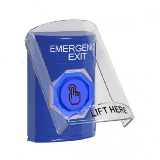 SS2427EX-EN STI Blue Indoor Flush/Surface Weather Resistant Momentary Stopper Station w/ EMERGENCY EXIT Label