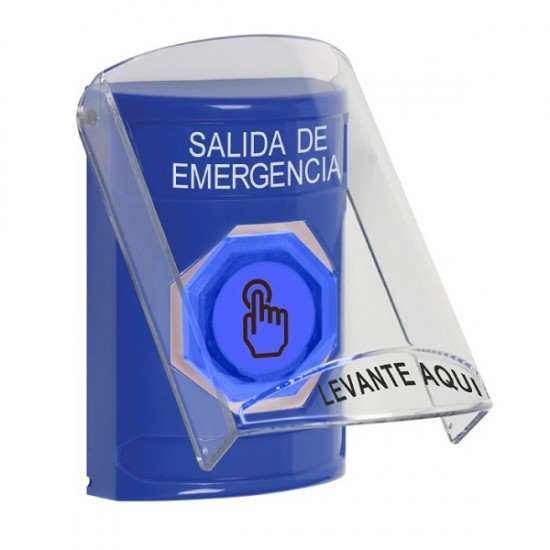 SS2427EX-ES STI Blue Indoor Only Flush or Surface Weather Resistant Momentary (Illuminated) with Blue Lens Stopper Station with EMERGENCY EXIT Label Spanish
