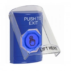 SS2427PX-EN STI Blue Indoor Flush/Surface Weather Resistant Momentary Stopper Station w/ PUSH TO EXIT Label