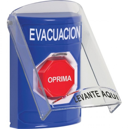 SS2428EV-ES STI Blue Indoor Only Flush or Surface Pneumatic (Illuminated) Stopper Station with EVACUATION Label Spanish