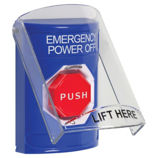 SS2429PO-EN STI Blue Indoor Flush/Surface Turn-to-Reset Stopper Station w/ EMERGENCY POWER OFF Label