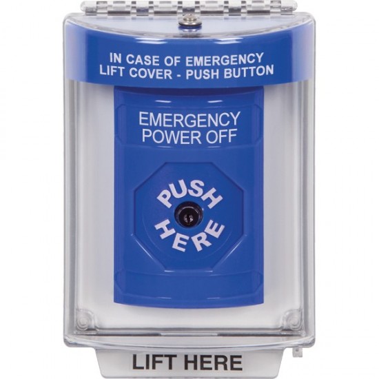 SS2430PO-EN STI Blue Indoor/Outdoor Flush Key-to-Reset Stopper Station with EMERGENCY POWER OFF Label English