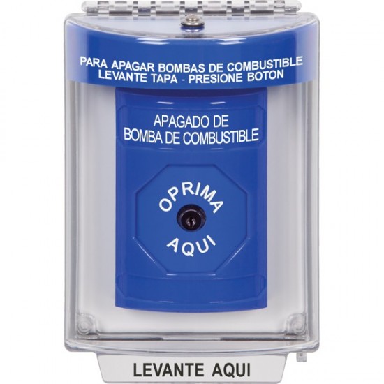 SS2430PS-ES STI Blue Indoor/Outdoor Flush Key-to-Reset Stopper Station with FUEL PUMP SHUT DOWN Label Spanish