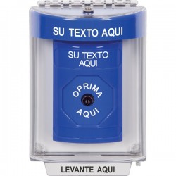 SS2430ZA-ES STI Blue Indoor/Outdoor Flush Key-to-Reset Stopper Station with Non-Returnable Custom Text Label Spanish