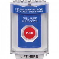 SS2431PS-EN STI Blue Indoor/Outdoor Flush Turn-to-Reset Stopper Station with FUEL PUMP SHUT DOWN Label English