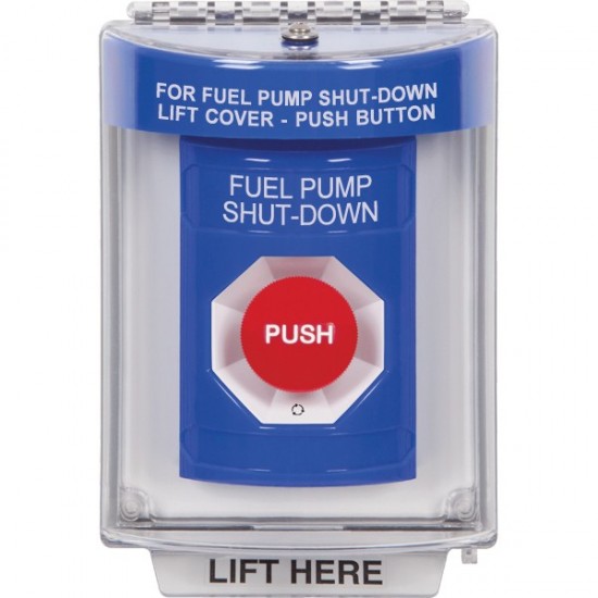 SS2431PS-ES STI Blue Indoor/Outdoor Flush Turn-to-Reset Stopper Station with FUEL PUMP SHUT DOWN Label Spanish