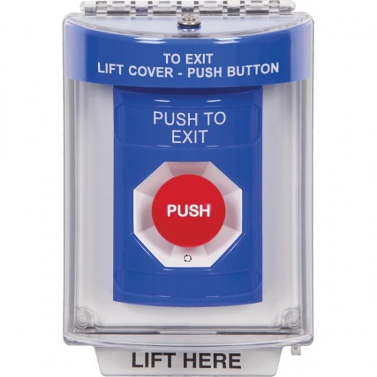 SS2431PX-EN STI Blue Indoor/Outdoor Flush Turn-to-Reset Stopper Station with PUSH TO EXIT Label English