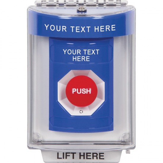 SS2431ZA-ES STI Blue Indoor/Outdoor Flush Turn-to-Reset Stopper Station with Non-Returnable Custom Text Label Spanish
