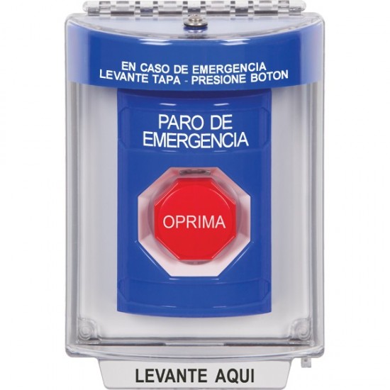 SS2432ES-ES STI Blue Indoor/Outdoor Flush Key-to-Reset (Illuminated) Stopper Station with EMERGENCY STOP Label Spanish