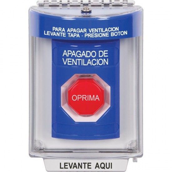 SS2432HV-ES STI Blue Indoor/Outdoor Flush Key-to-Reset (Illuminated) Stopper Station with HVAC SHUT DOWN Label Spanish