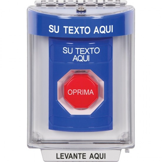 SS2432ZA-ES STI Blue Indoor/Outdoor Flush Key-to-Reset Stopper Station w/ Custom Text Spanish