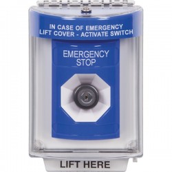 SS2433ES-EN STI Blue Indoor/Outdoor Flush Key-to-Activate Stopper Station with EMERGENCY STOP Label English
