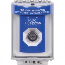 SS2433HV-ES STI Blue Indoor/Outdoor Flush Key-to-Activate Stopper Station with HVAC SHUT DOWN Label Spanish