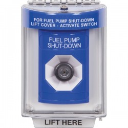 SS2433PS-ES STI Blue Indoor/Outdoor Flush Key-to-Activate Stopper Station with FUEL PUMP SHUT DOWN Label Spanish