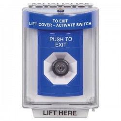 SS2433PX-ES STI Blue Indoor/Outdoor Flush Key-to-Activate Stopper Station with PUSH TO EXIT Label Spanish