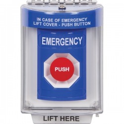 SS2434EM-ES STI Blue Indoor/Outdoor Flush Momentary Stopper Station with EMERGENCY Label Spanish