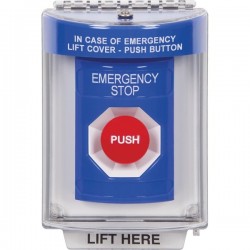 SS2434ES-ES STI Blue Indoor/Outdoor Flush Momentary Stopper Station with EMERGENCY STOP Label Spanish