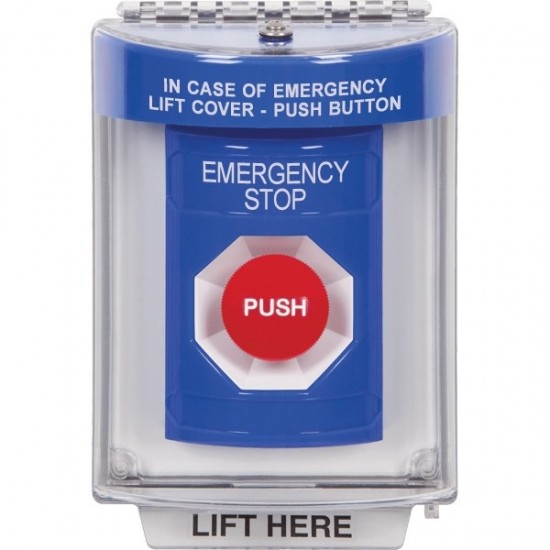 SS2434ES-ES STI Blue Indoor/Outdoor Flush Momentary Stopper Station with EMERGENCY STOP Label Spanish