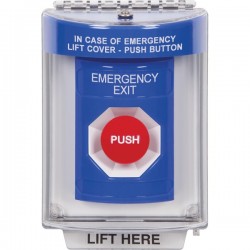 SS2434EX-ES STI Blue Indoor/Outdoor Flush Momentary Stopper Station with EMERGENCY EXIT Label Spanish
